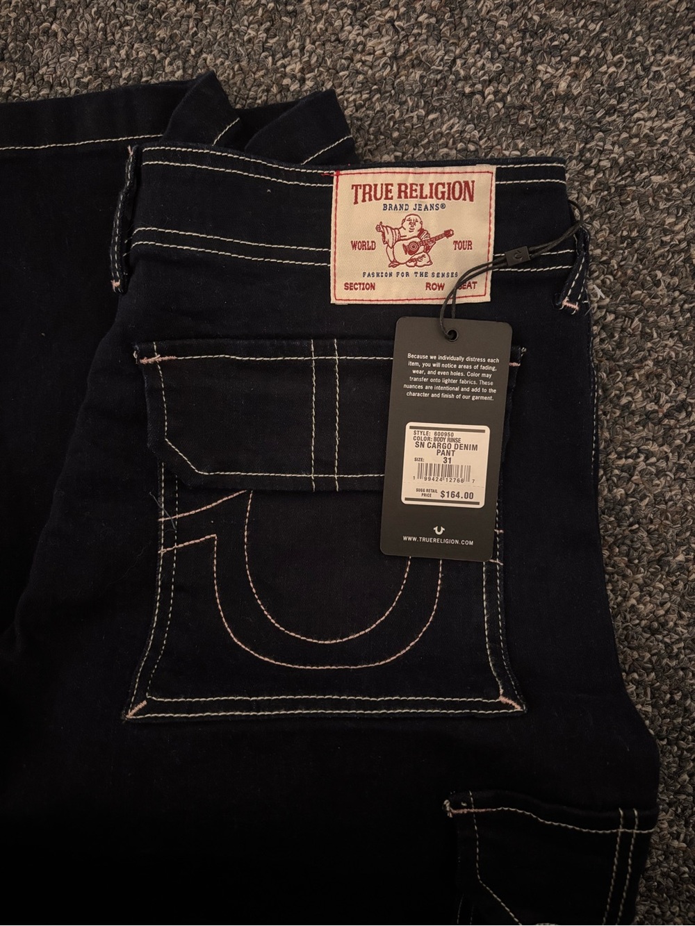 True Religion Black Wide-Leg Cargo Jeans with White Stitching - Picture 4 of 4